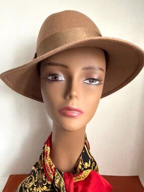 Vintage 50s Fedora Hat USA Lancaster Tilt Camel Tan Wide Brim Bow Western Boho